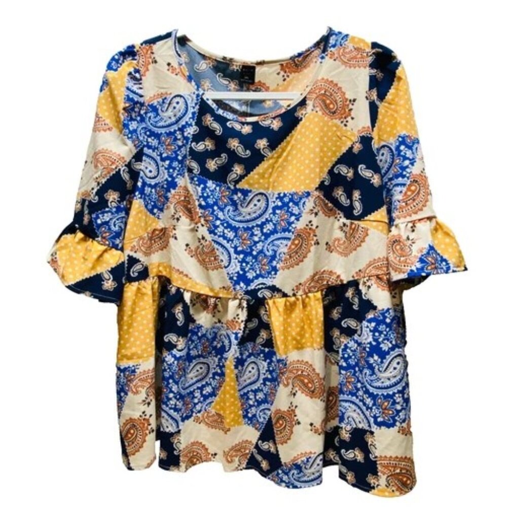 Shein Curve Blouse Women's 2XL Blue Orange‎ Brown Bandana Style Design Top Shirt